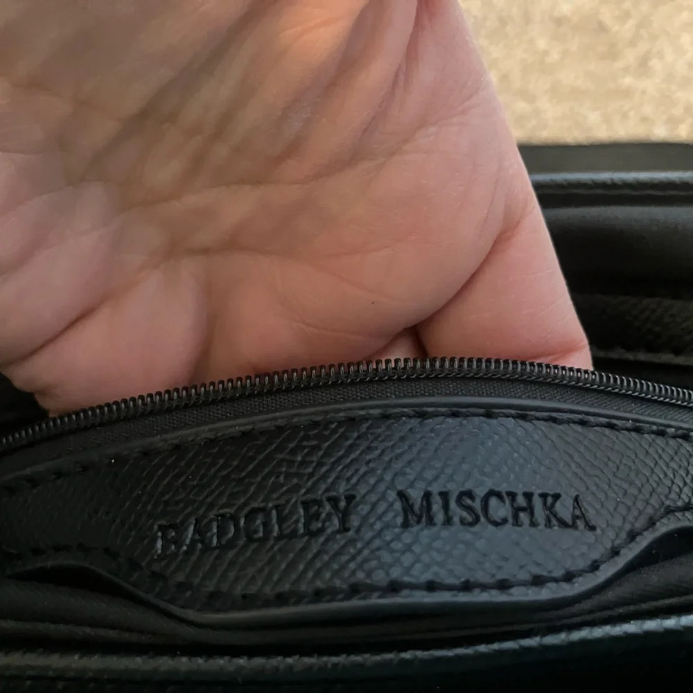Badgley Mischka Black Clutch Silver Logo Handle Zipper Pocket Monogram